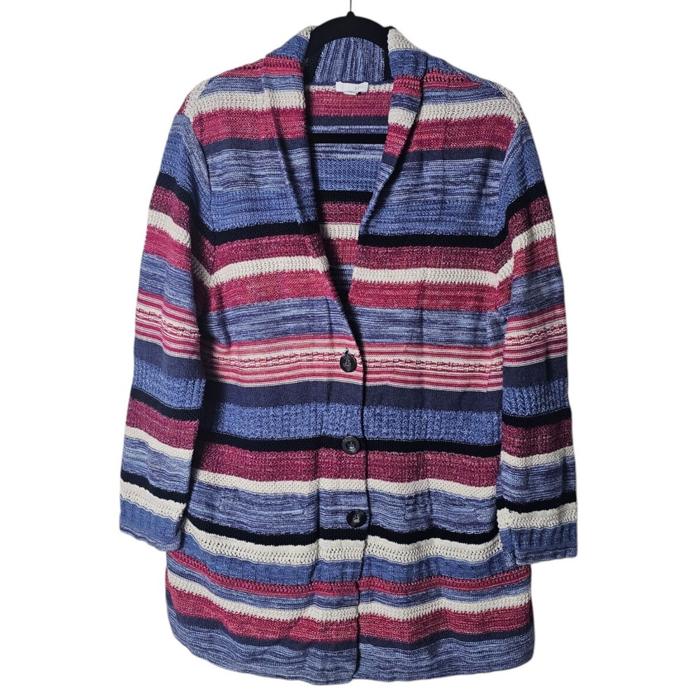 J Jill Xl Cardigan Sweater Blue Pink Stripe V-Neck Button Up‎ Long Sleeve Linen